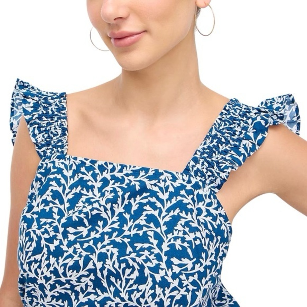 J. Crew Ruffle-Shoulder Blue and White Leaf Print Tank Top, Size Medium